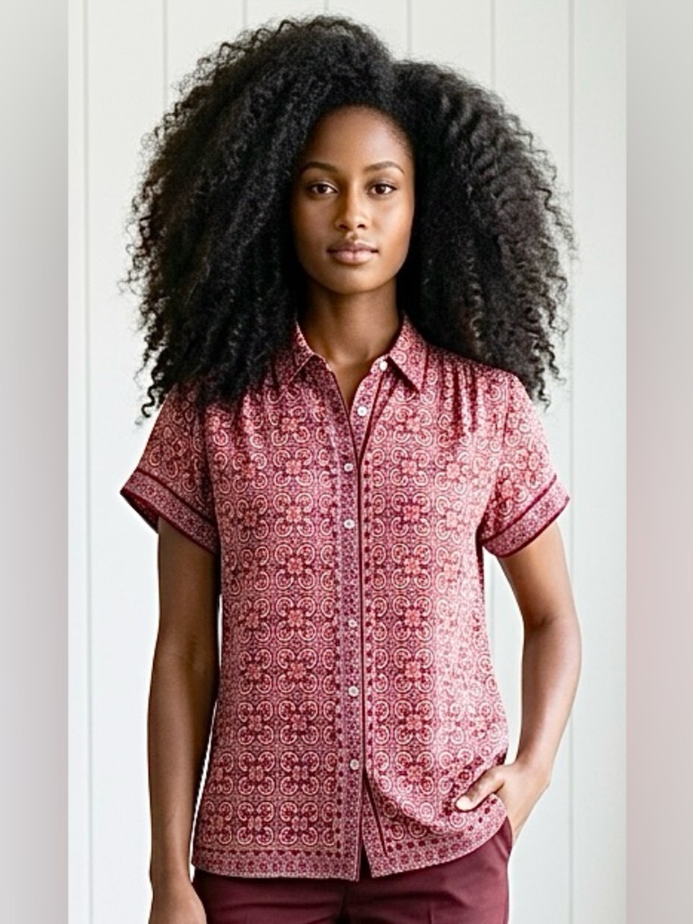 Max Studio Short Sleeve Blouse Abstract Print Deep Red Orange Size L EUC
